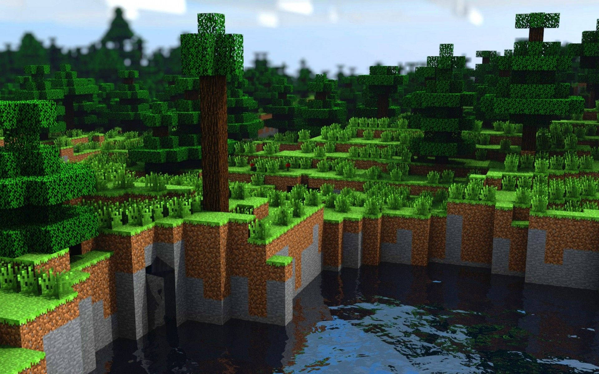 晴朗天空下，有樹木和水面的方塊狀Minecraft森林。