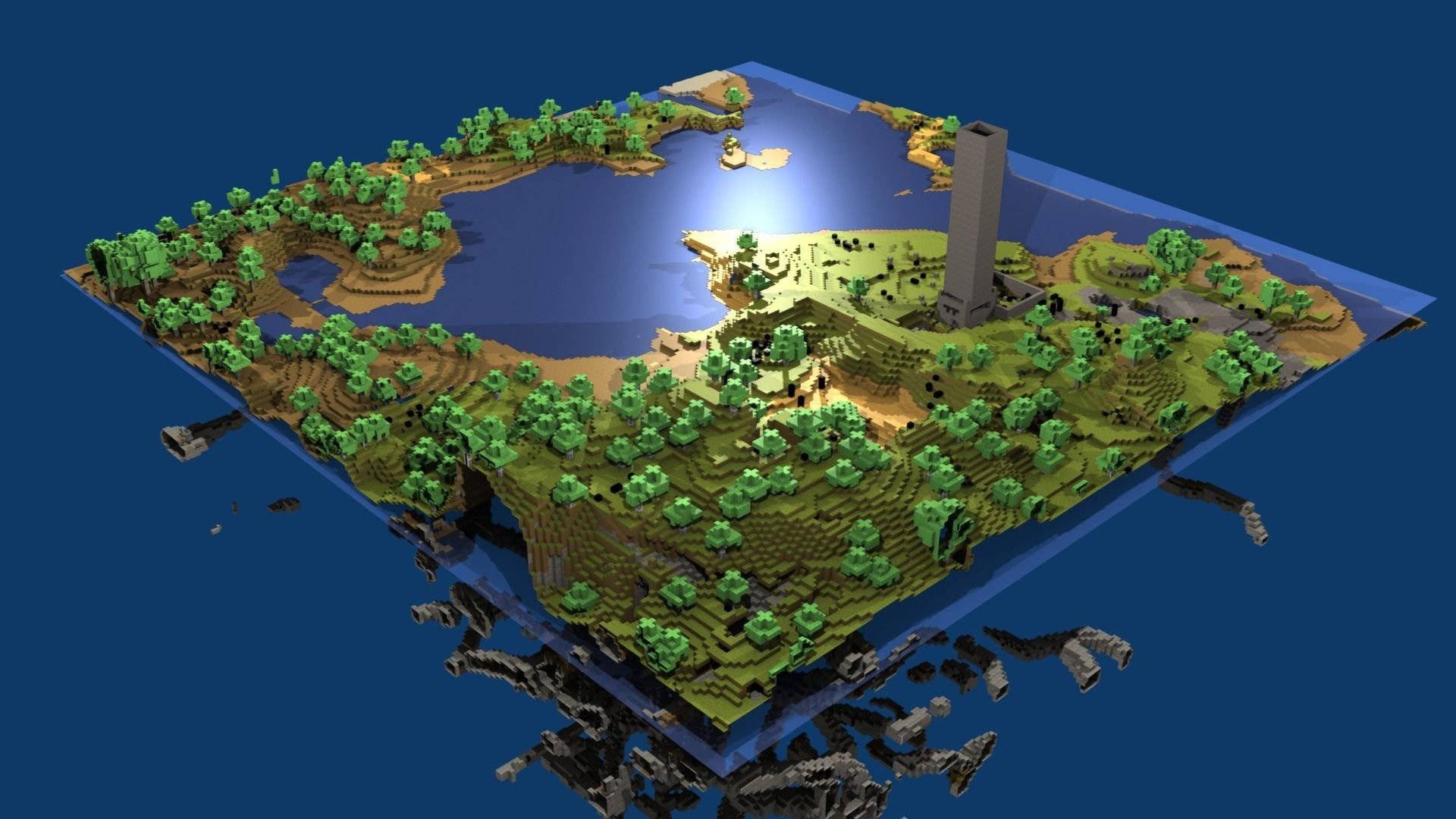 漂浮的Minecraft島嶼，有樹木、湖泊和塔在深藍色虛空中發光