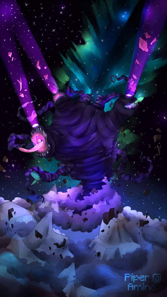 Minecraft 風暴凋零 壁紙 — 一隻擁有發光眼睛和觸手的巨大紫色宇宙怪物，從暴風雲中衝出，背景是繁星點點的極光天空。