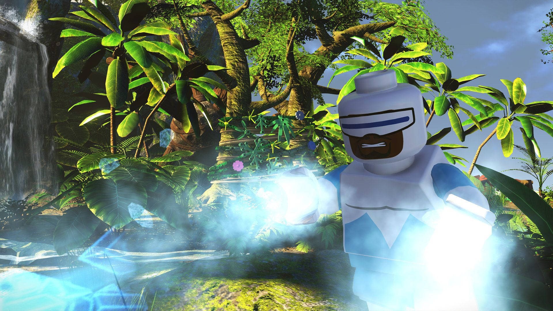 Minecraft 風格的 Frozone 藝術 壁紙 — 一個身穿白色和藍色盔甲的LEGO迷你人偶站在茂密的叢林中，瀑布散發著藍色能量。