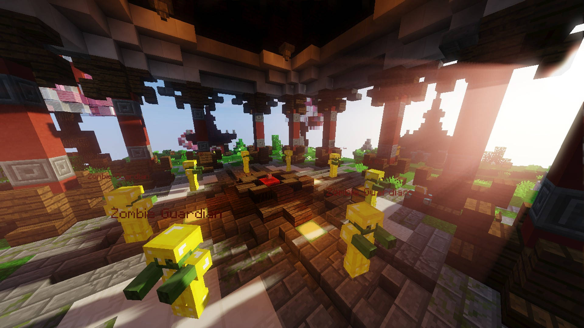 黃色殭屍守衛站在破碎的Minecraft建築中，陽光從中穿過。
