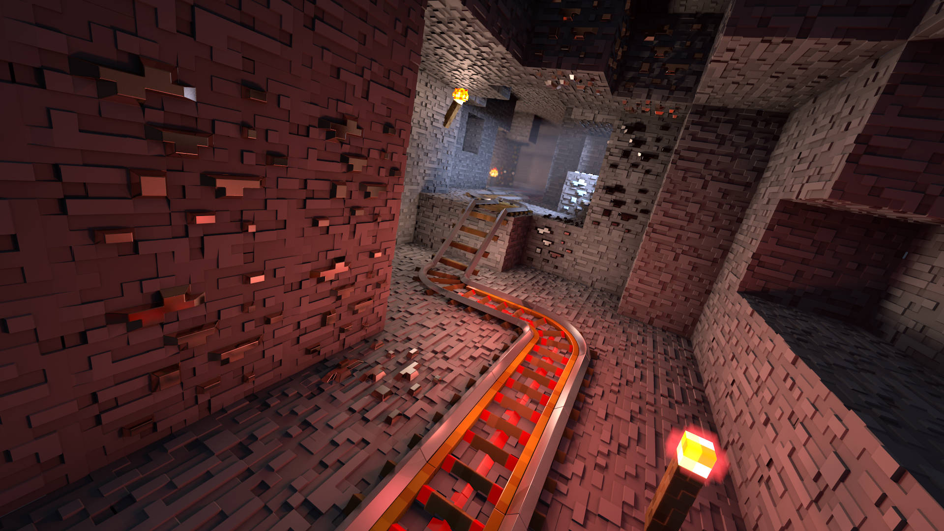 Minecraft地下隧道，帶有發光的紅色礦車軌道和火把。