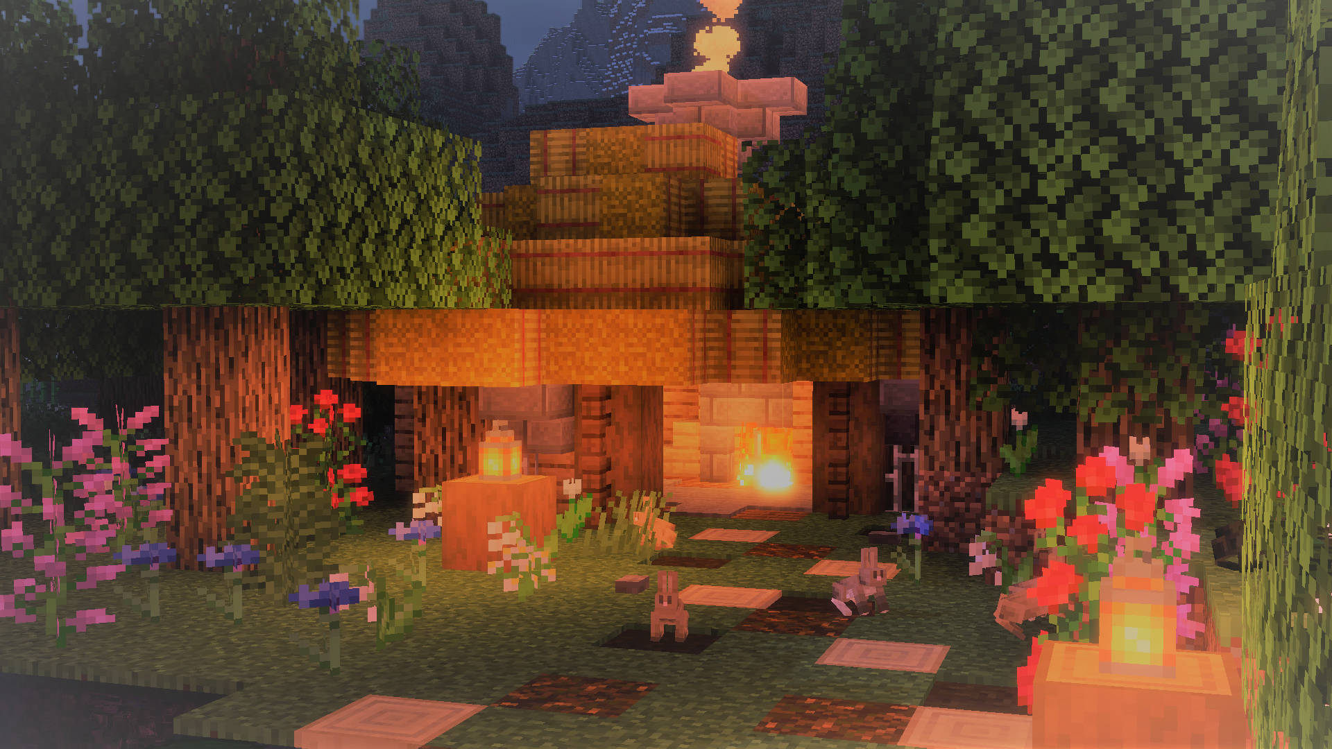 一間像素化的Minecraft小屋，帶有燃燒的壁爐，周圍是樹木和花朵，在黃昏時分。