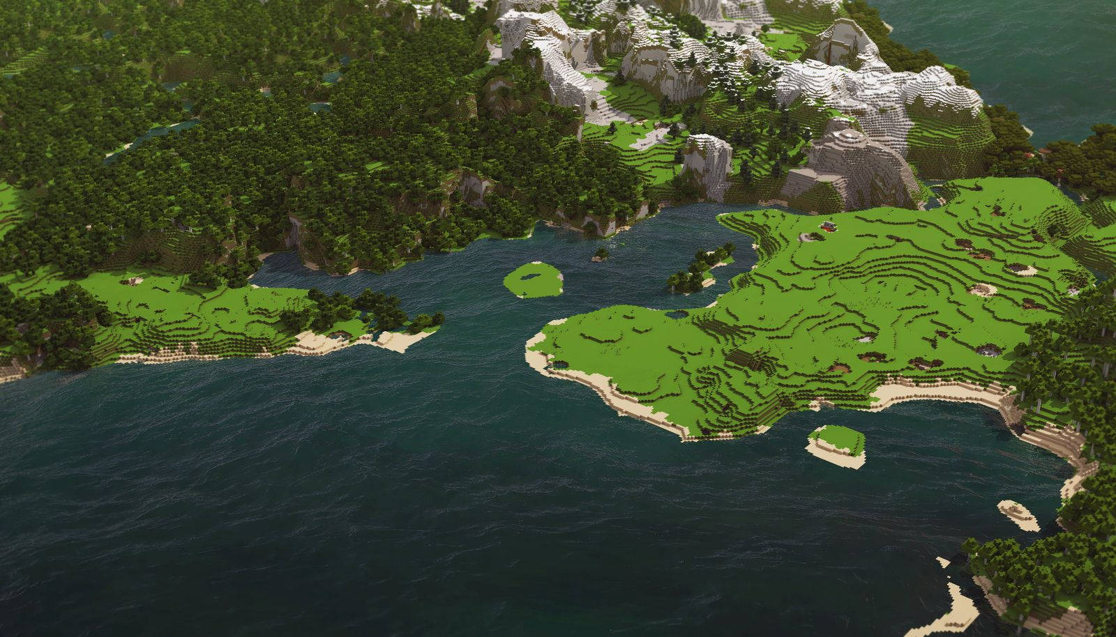 從上方俯瞰Minecraft島嶼，有綠色山丘和藍色海洋