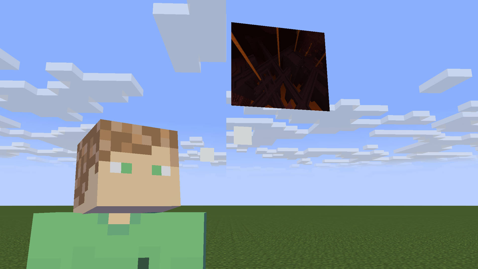 Minecraft夢境紋理皮膚 壁紙 — 一個像素化的Minecraft角色站在草地上，下方是方塊狀的天空，有一個浮動的地獄傳送門。
