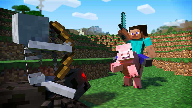 Minecraft玩家騎豬持劍，靠近草地上倒下的鐵魔像。