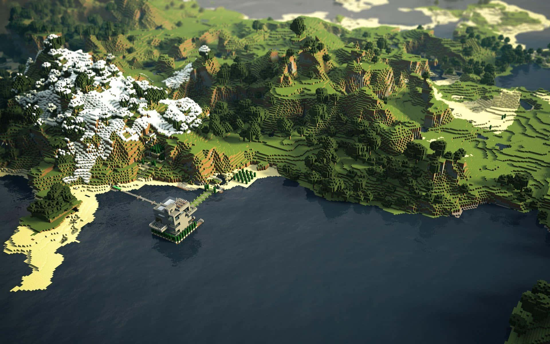 Cool Minecraft 桌布 壁紙 — Minecraft島嶼的鳥瞰圖，有雪峰、綠色山丘和一座俯瞰深藍色海水的沿海豪宅。