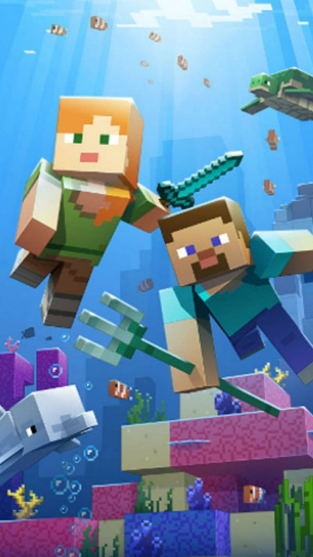 兩個Minecraft角色在水下靠近珊瑚和魚群手持劍和三叉戟。