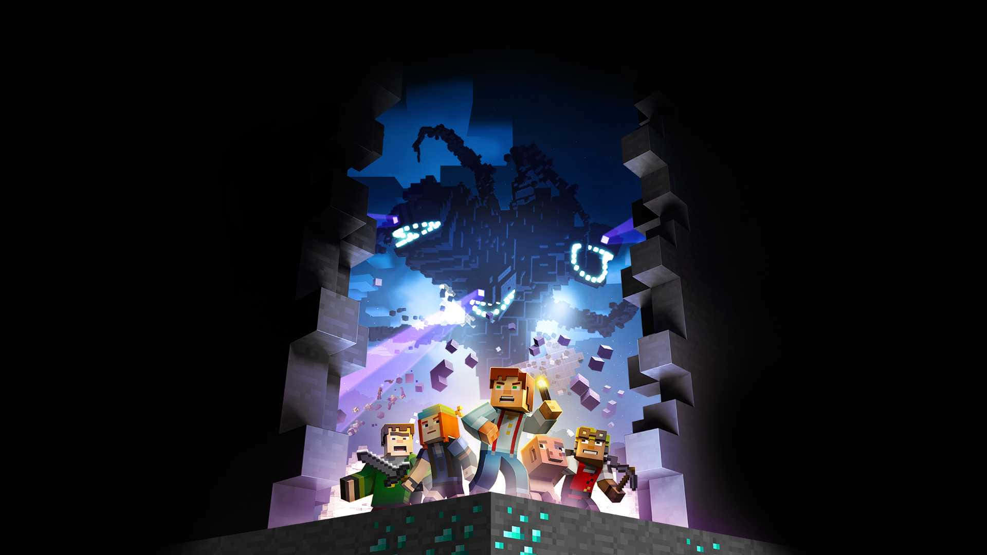 Minecraft故事模式冒險即將展開 壁紙 — Minecraft角色站在黑暗洞穴入口，看著發光的龍在夜晚飛過像素化的山脈。