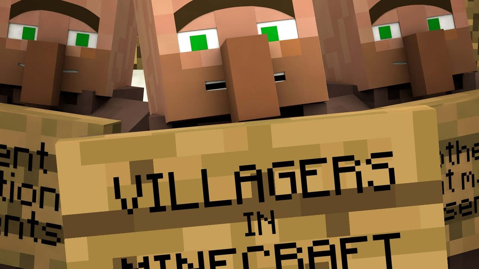 Minecraft Villager 桌布 壁紙 — Minecraft村民手持標語牌的近距離特寫，帶有像素化方塊臉和綠色眼睛。