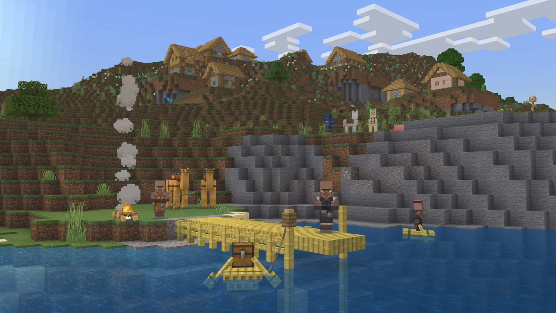 Minecraft Villagers 桌布 壁紙 — Minecraft村莊坐落在河邊的梯田山坡上，設有木製碼頭，村民們圍坐在營火旁。