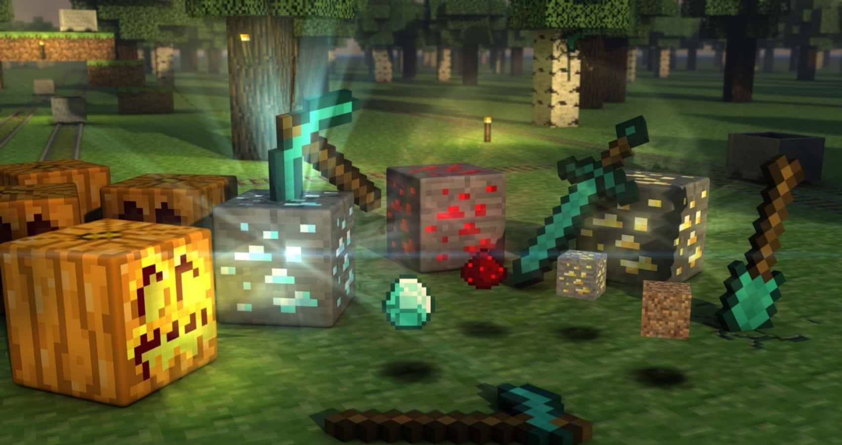 型格 Minecraft 桌布 壁紙 — Minecraft森林場景，草地上有發光物品，如附魔劍和南瓜，在柔和光線下。
