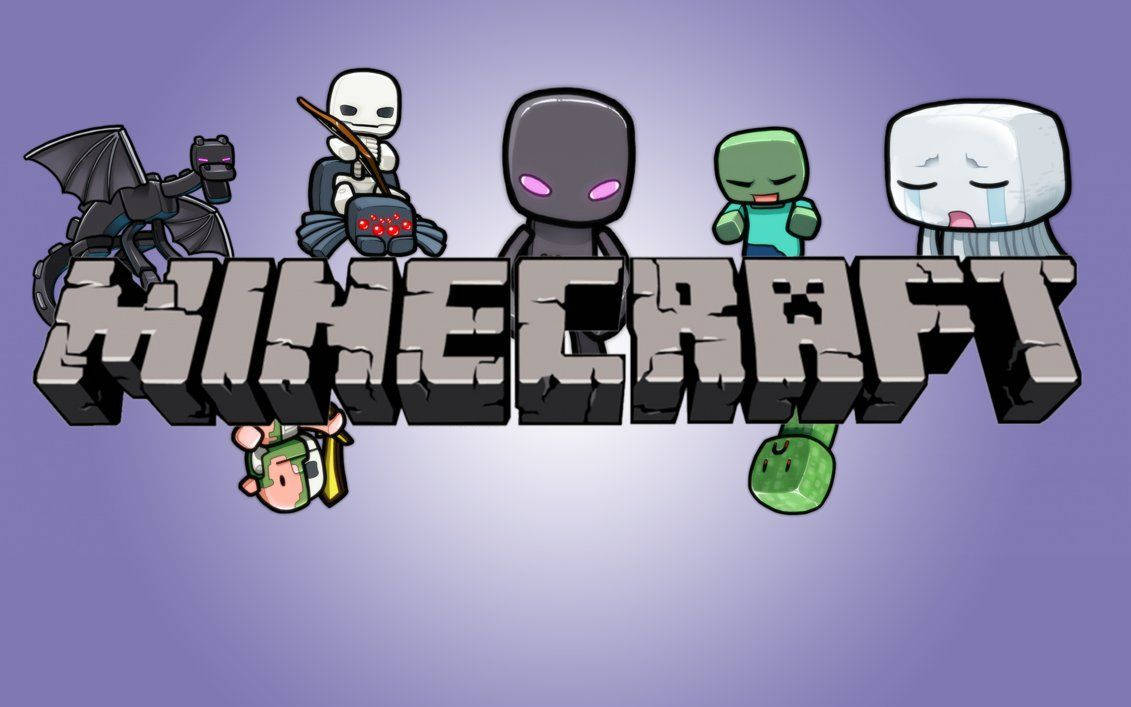 Minecraft標誌配卡通角色 壁紙 — Minecraft 標誌，以紫色漸變背景為襯托，標題周圍排列著像 Enderman 和 Creeper 這樣的標誌性方塊角色。
