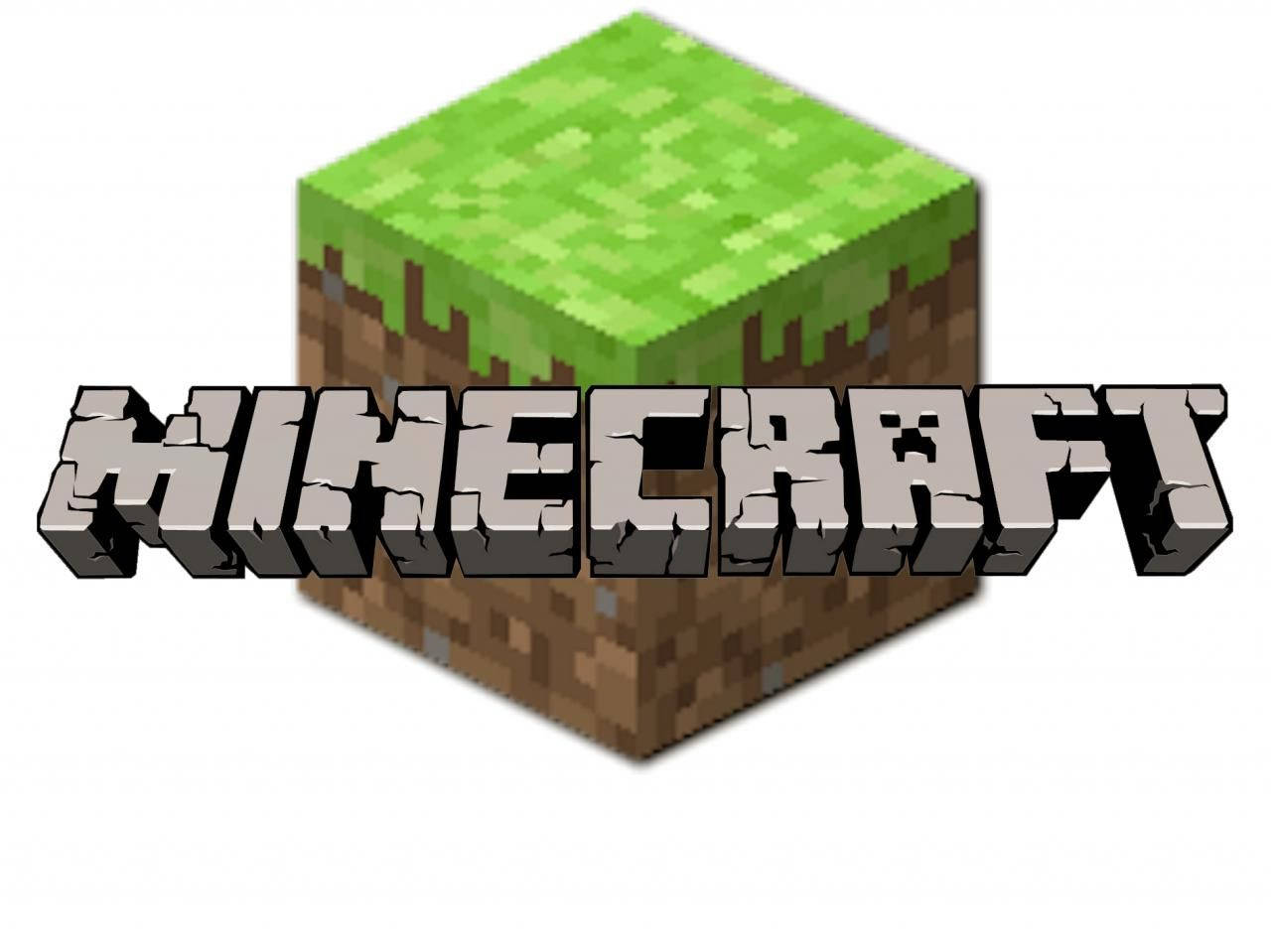 Minecraft標誌配基礎方塊結構 壁紙 — 像素化綠色草方塊，棕色泥土底座，粗體方塊字體嘅Minecraft標誌。
