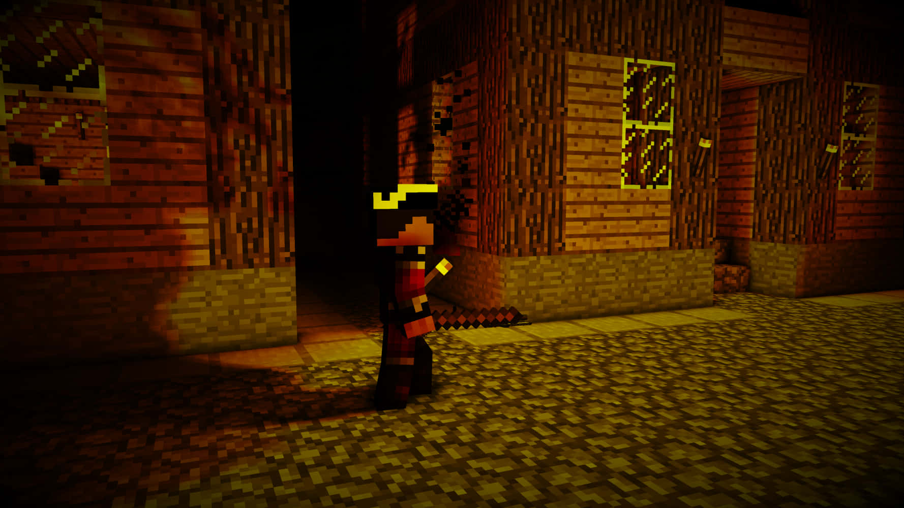 Minecraft角色在夜晚的木造村莊中手持火炬