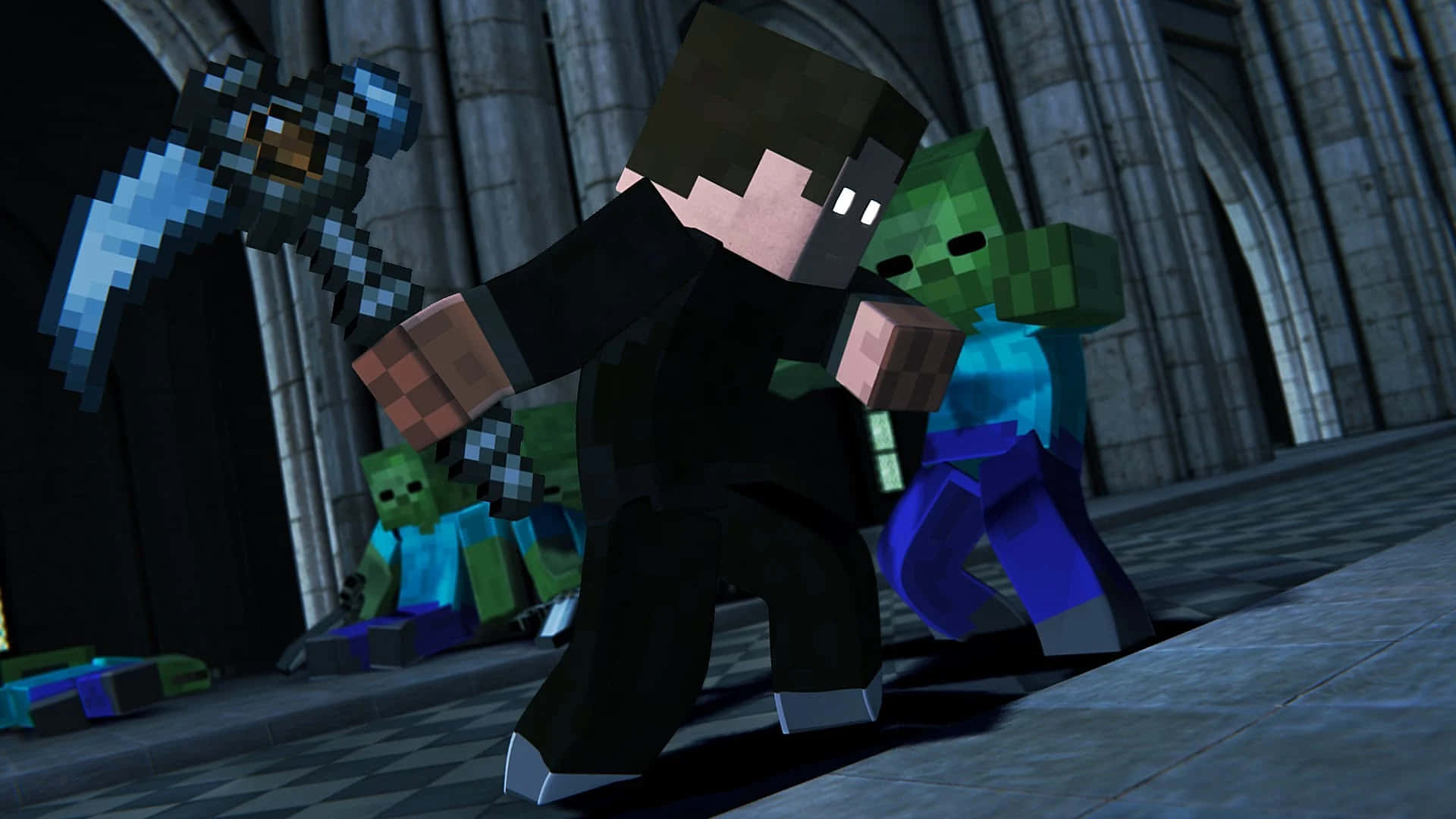 Minecraft Fight 桌布 壁紙 — Minecraft玩家喺有棋盤地板嘅哥德式大教堂內揮舞鑽石劍對抗喪屍。