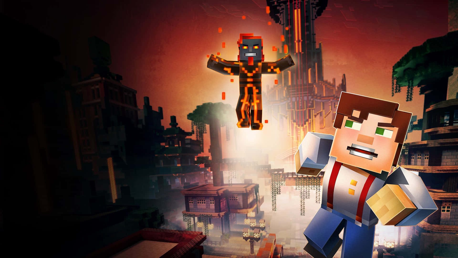 Minecraft Story Mode 桌布 壁紙 — Minecraft玩家在日落時分的像素化城市景觀中面對一個漂浮的終界使者。