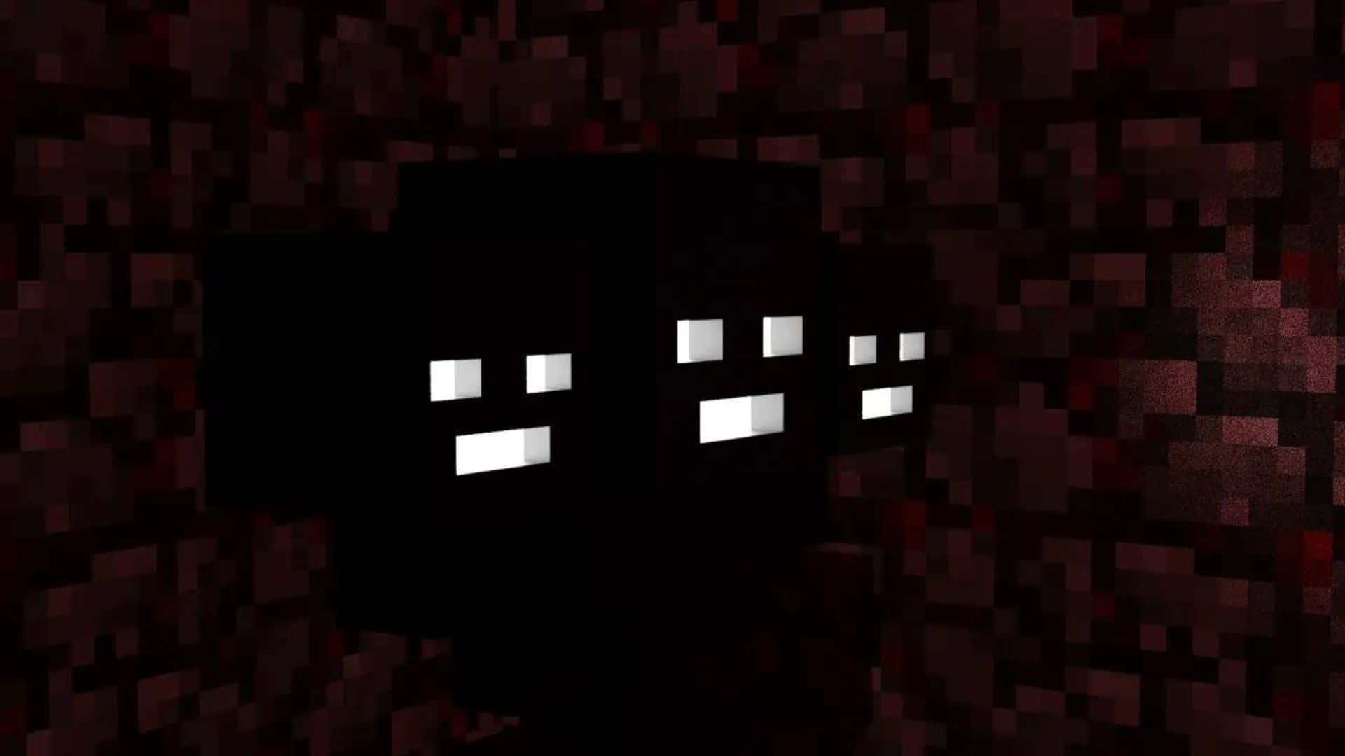 Minecraft的威脅Boss——末影龍 壁紙 — 三個像素化的黑色怪物，帶有發光的白色眼睛，從深紅色的方塊環境中出現。