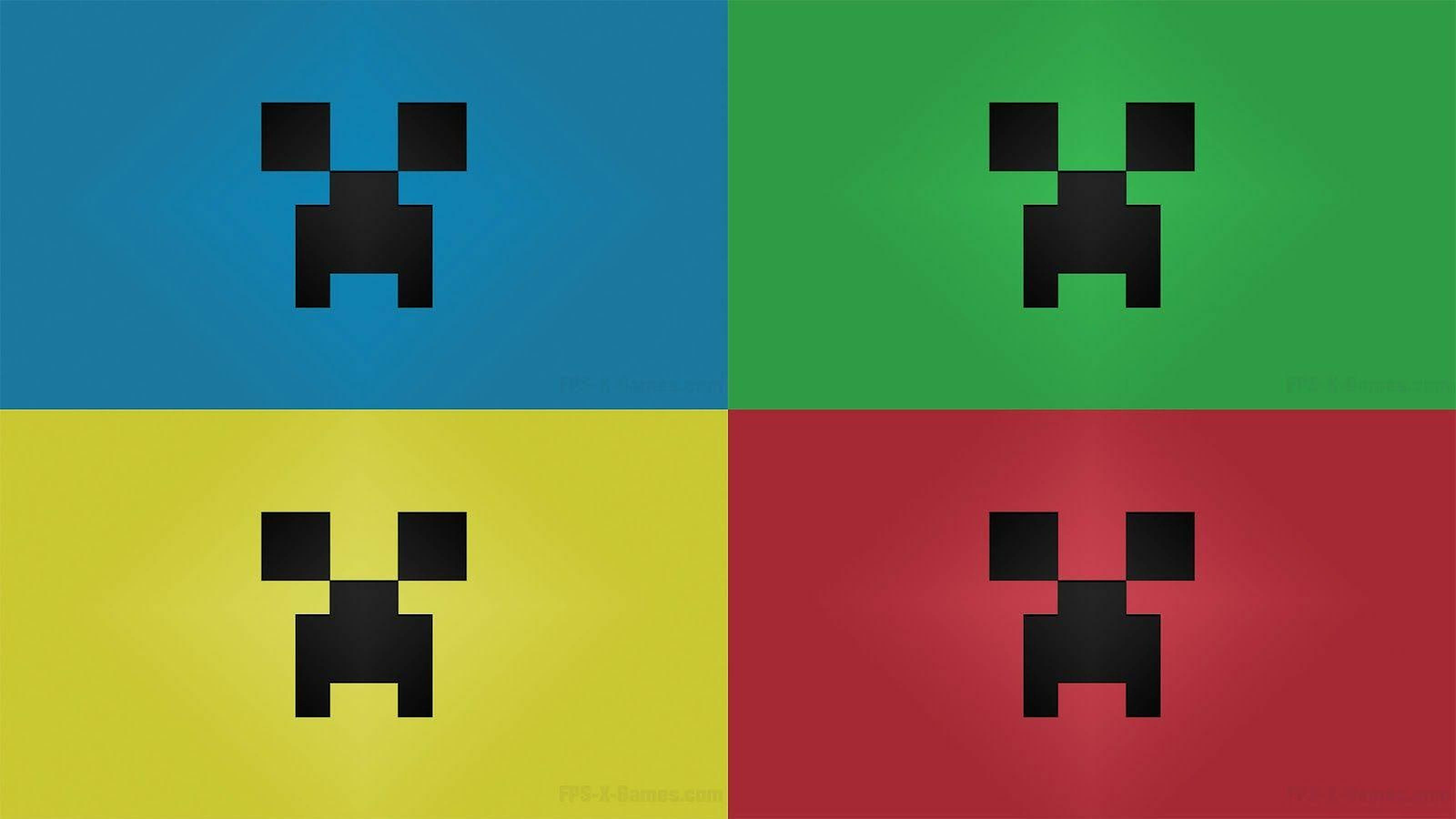Minecraft苦力怕拼貼畫 壁紙 — 四個黑色像素化狗臉坐在鮮豔的藍色、綠色、黃色和紅色背景上，形成網格排列。