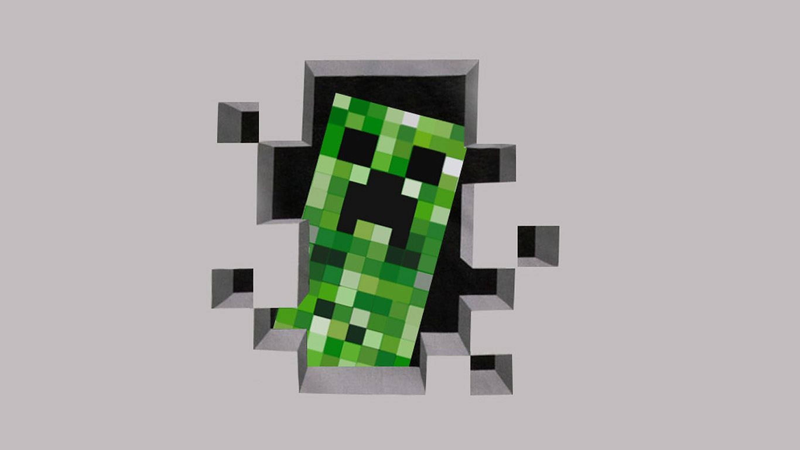Minecraft苦力怕穿牆 壁紙 — 一個綠色像素化的爬行者以3D效果穿過灰色牆壁，背景為純色。