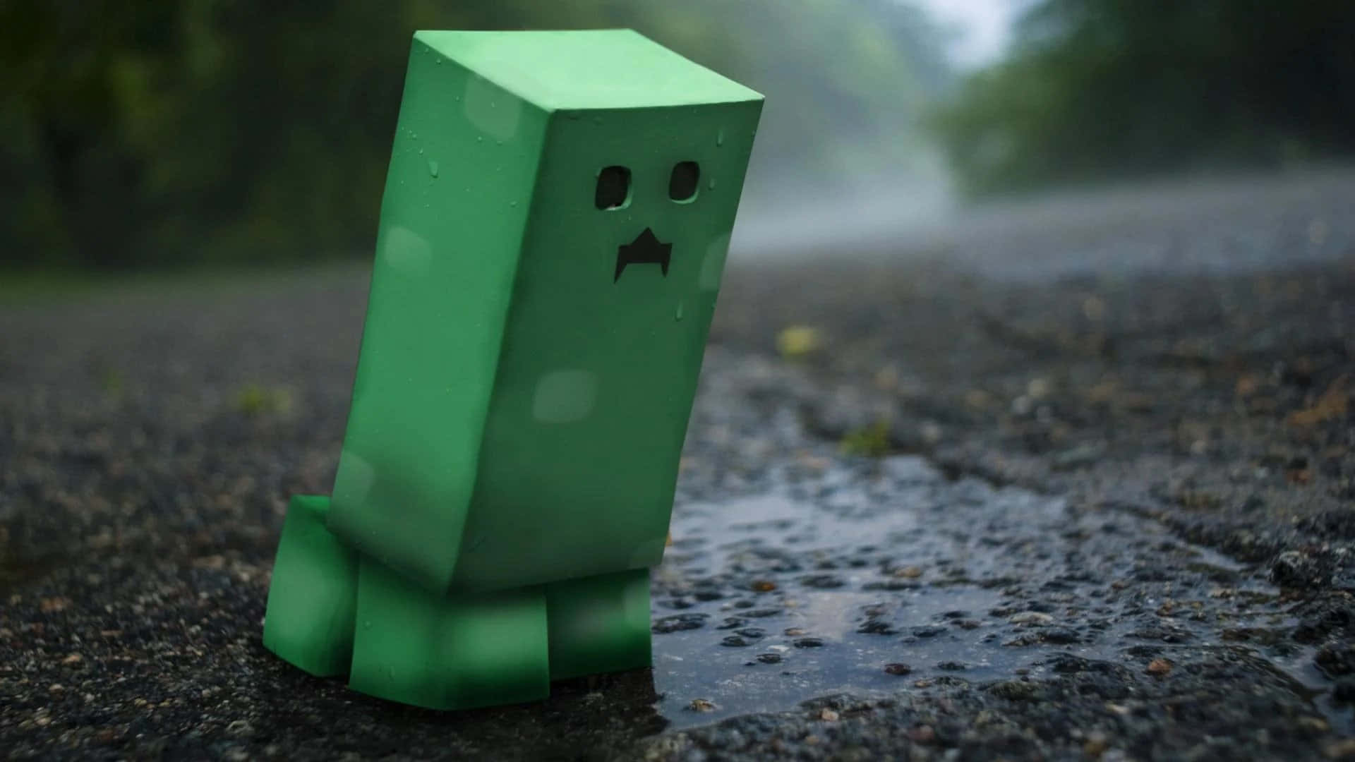 綠色方塊狀爬行者站在雨中濕瀝青上，背後有模糊的森林。