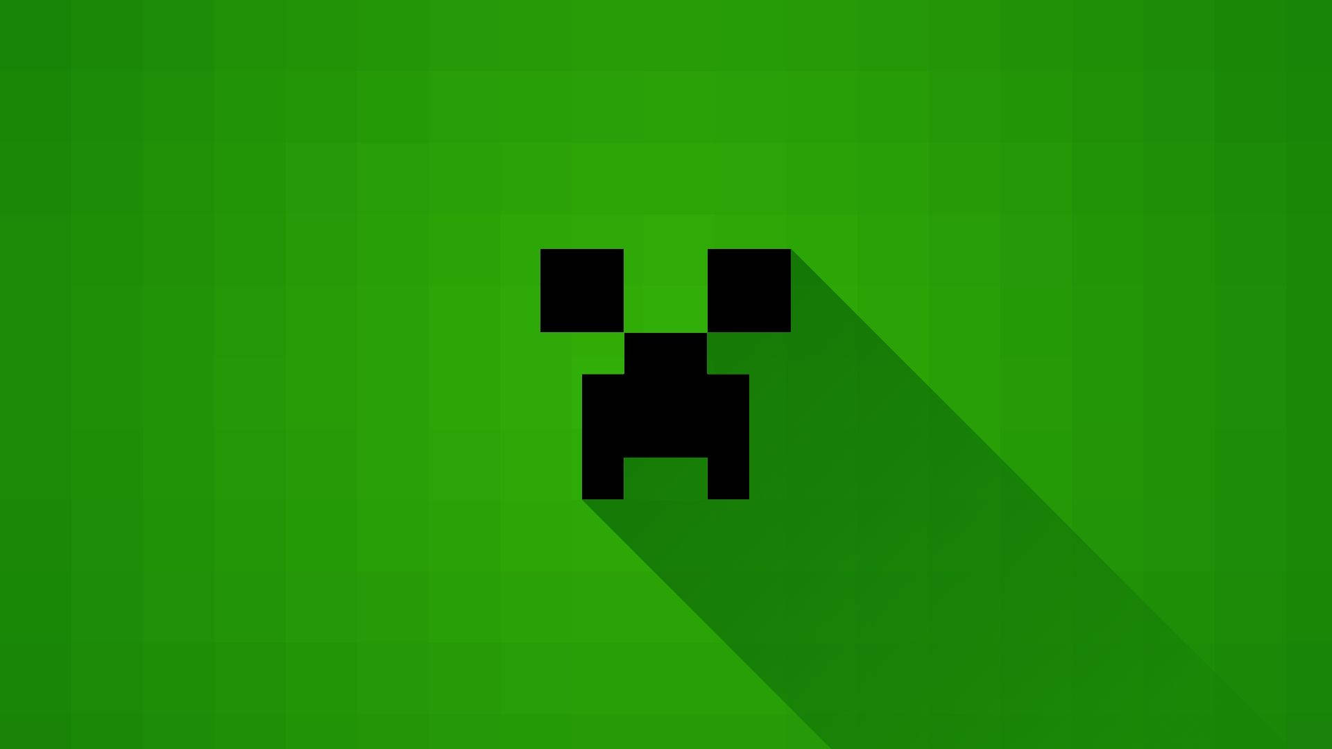 Minecraft苦力怕臉部 壁紙 — 一個像素化的黑色爬行者面孔在充滿活力的綠色漸變背景上投下長長的陰影。