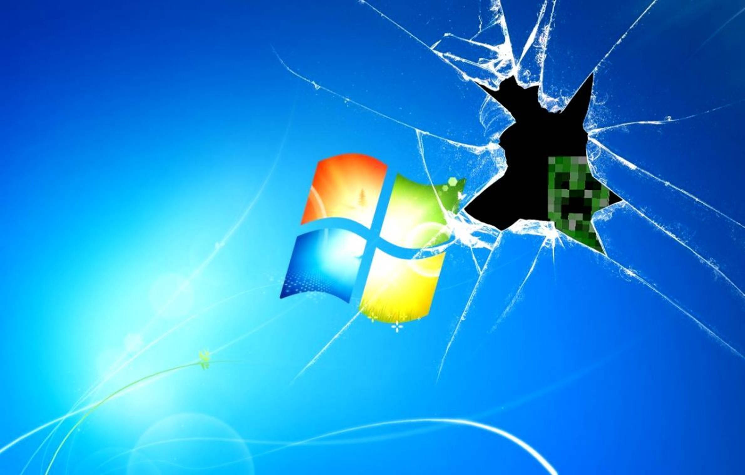 Minecraft苦力怕裂屏 壁紙 — 碎裂的藍色螢幕顯示出一個像素化的綠色爬行者正在穿過Windows標誌。