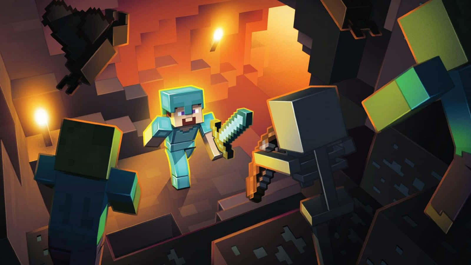 Minecraft玩家在火炬照亮的地下洞穴中與殭屍戰鬥。