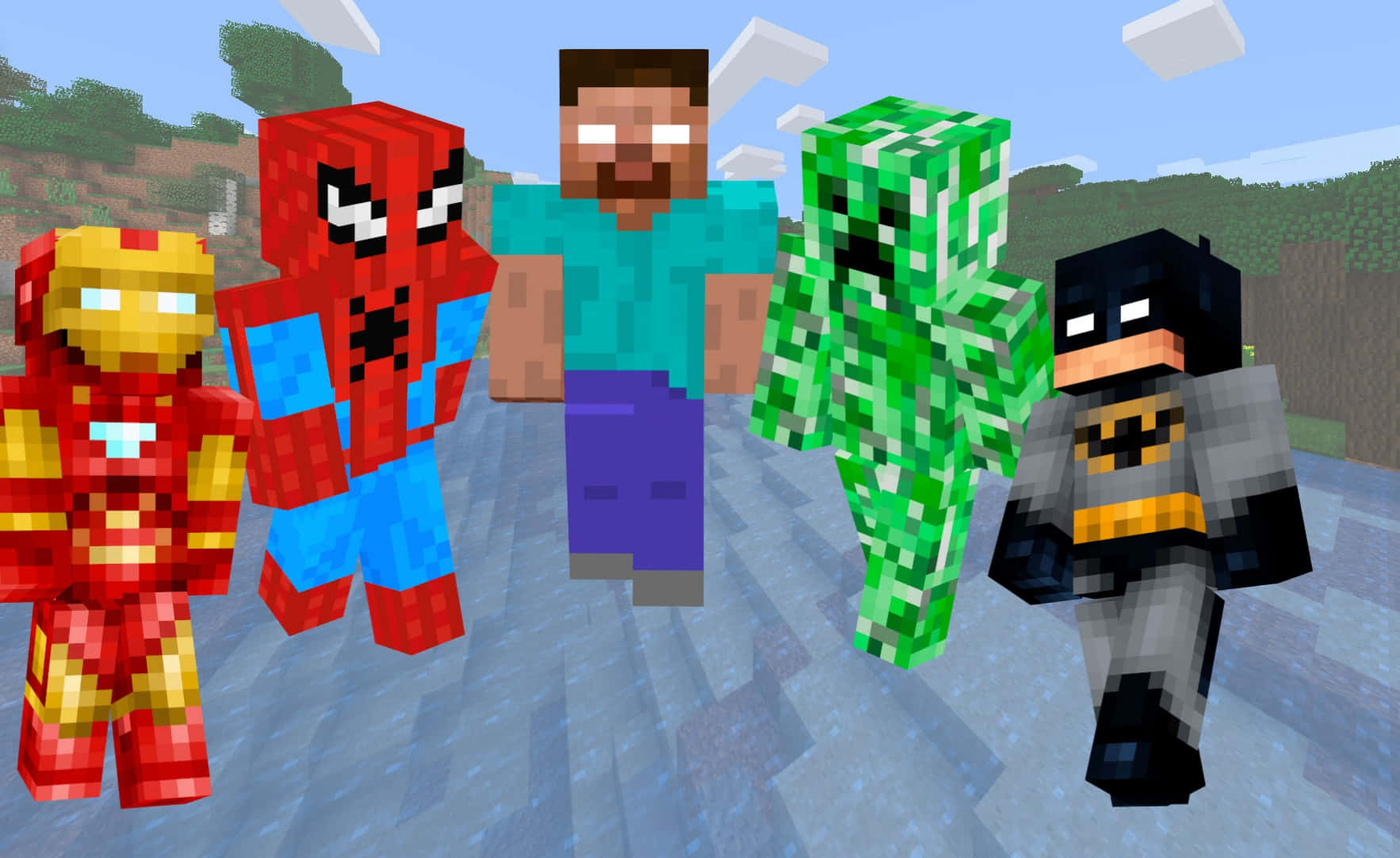 五位超級英雄和一個苦力怕以 Minecraft 像素藝術風格呈現。