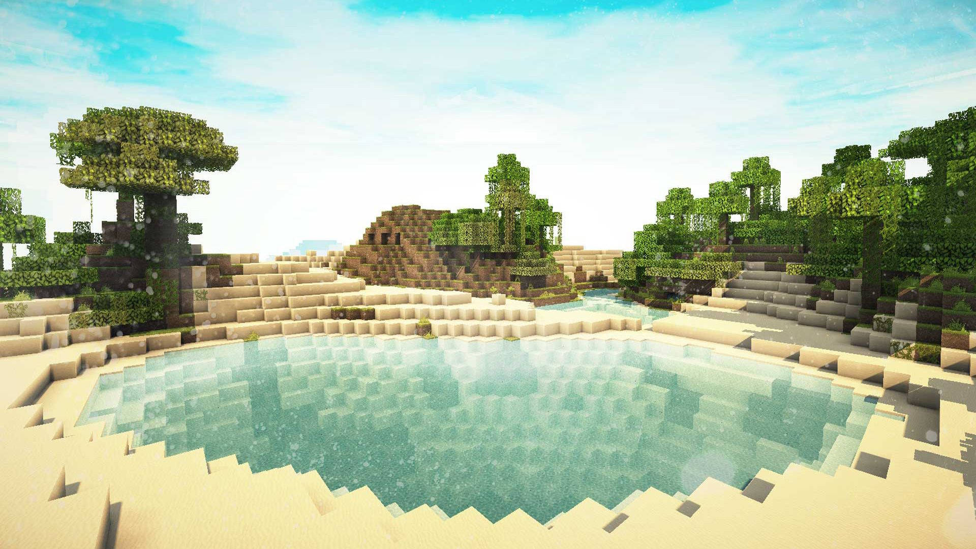 方塊Minecraft場景，有一個水池，周圍係樹木同沙，喺藍天下。