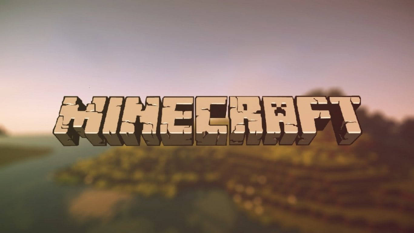 Minecraft 標誌漂浮在方塊風景之上（夕陽）