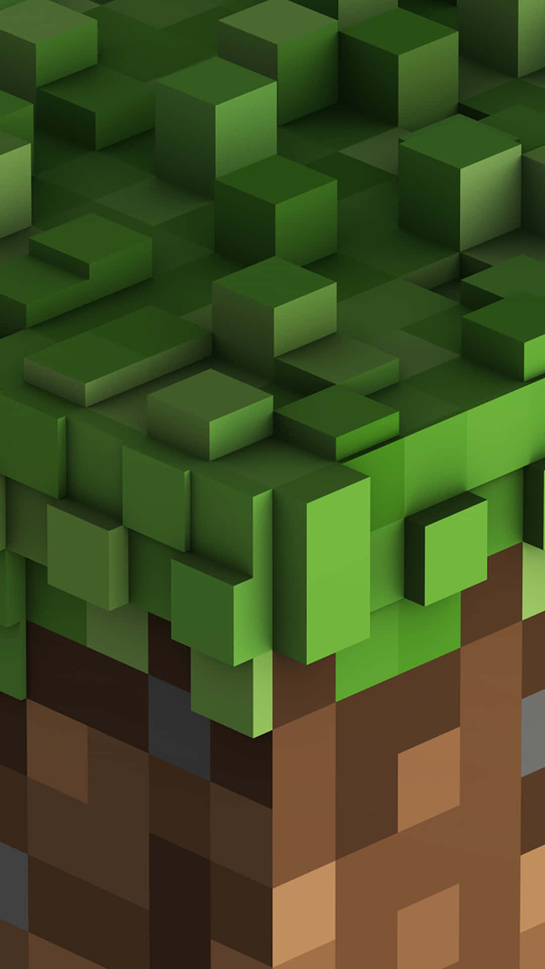 Minecraft Phone 桌布 壁紙 — Minecraft風格嘅像素化樹木近鏡，有綠色立方體葉片同啡色方塊樹幹。