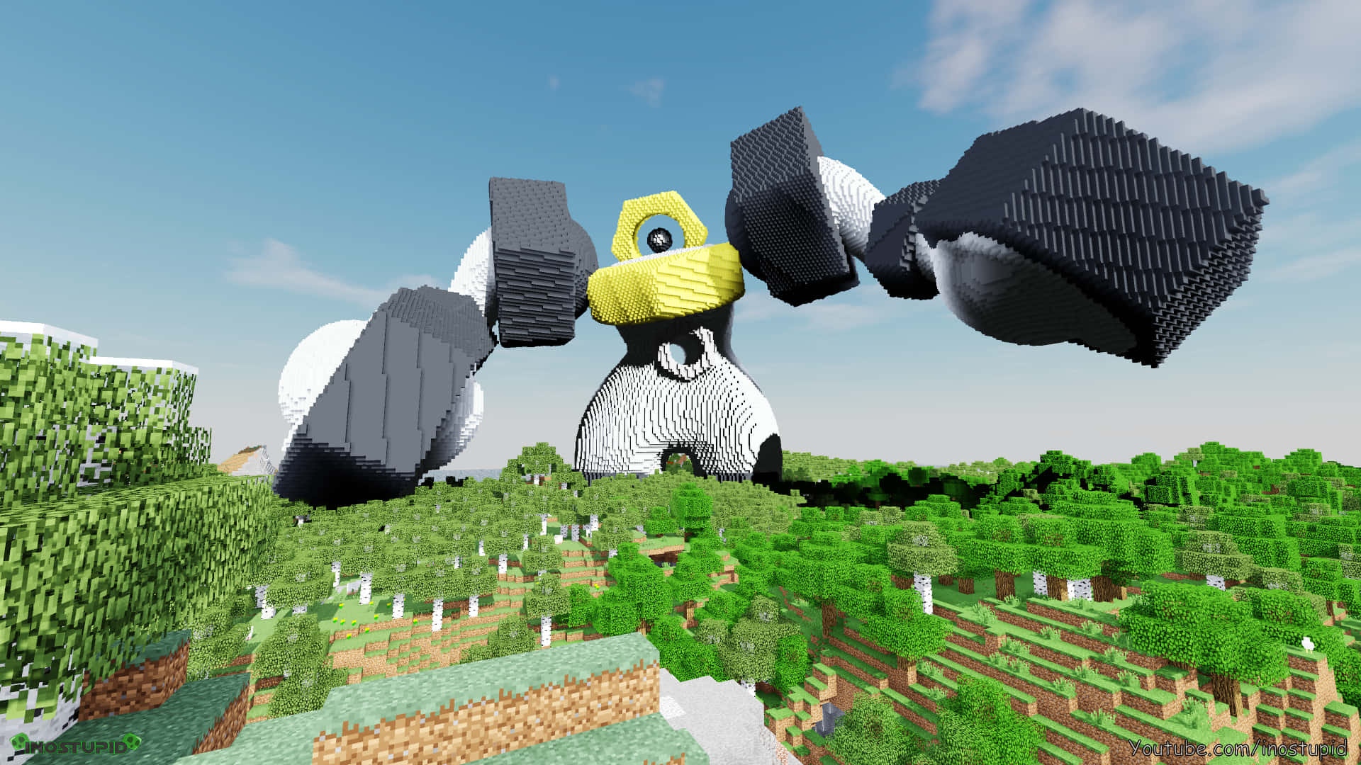 巨大的方塊寶可夢懸浮在Minecraft森林和農田上方。