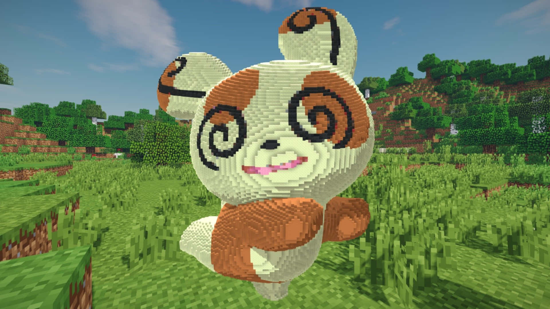 一個像素化嘅熊貓樣生物喺一個草地 Minecraft 風格嘅景觀入面。