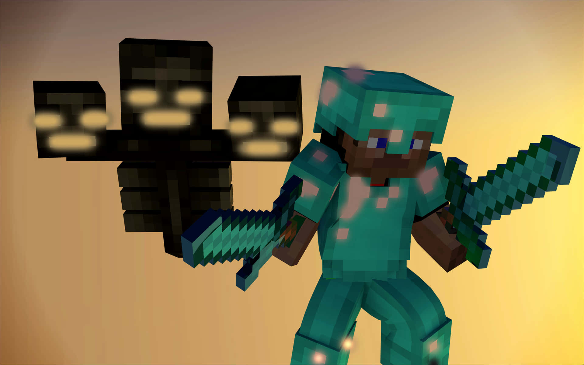 穿著鑽石盔甲的Minecraft玩家用鑽石劍與Enderman戰鬥。
