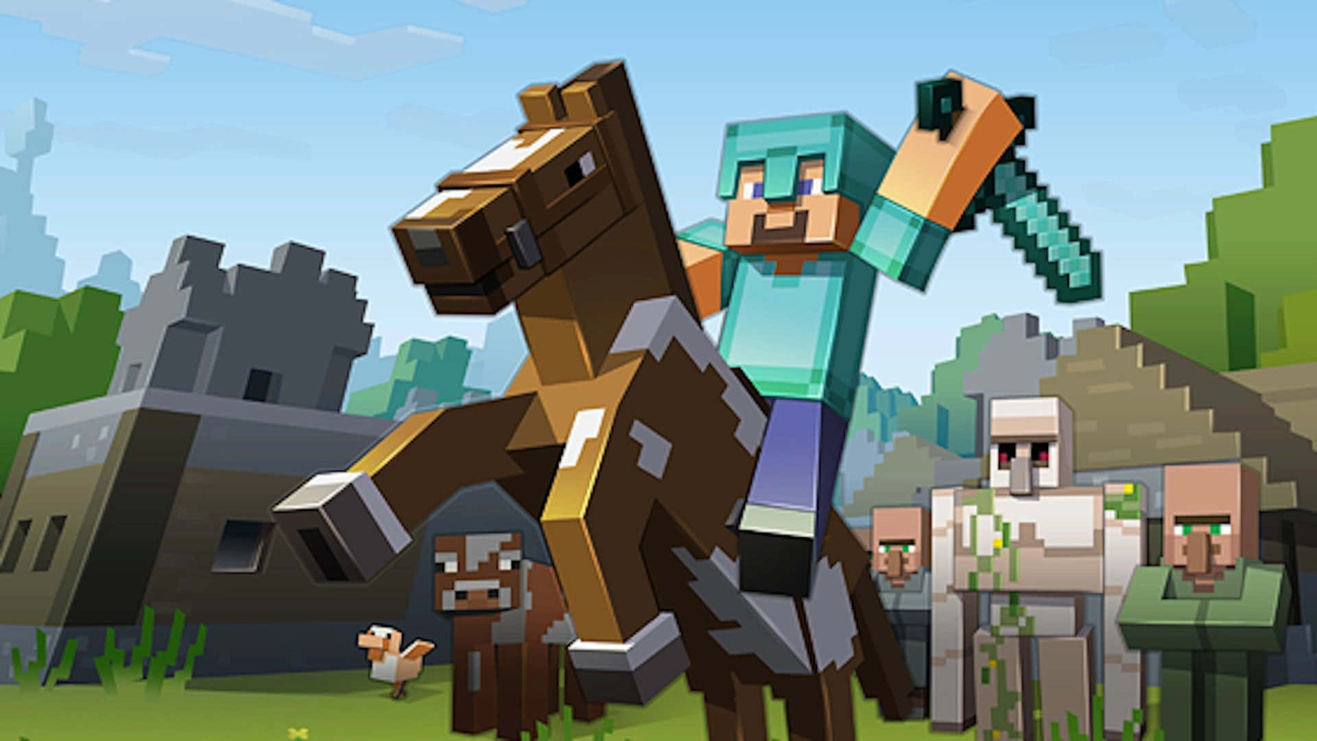 騎馬的 Minecraft 玩家手持劍，附近有殭屍和村民。
