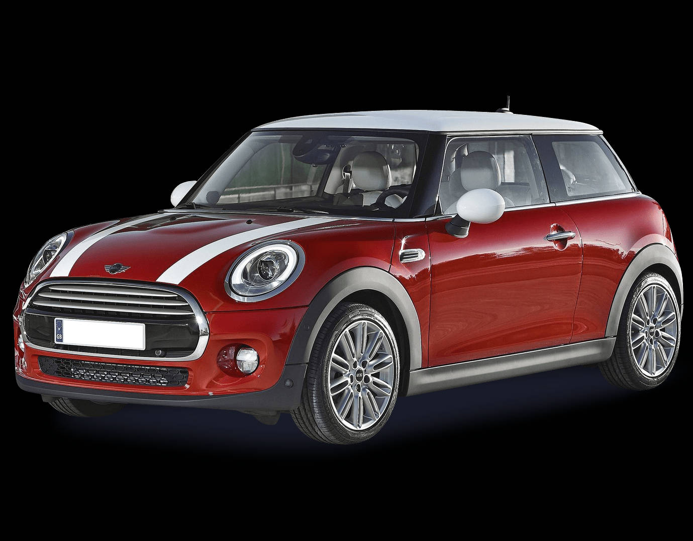 Mini 紅白美學 壁紙 — 光澤紅色MINI Cooper，白色車頂和賽車條紋在純黑色背景下脫穎而出。