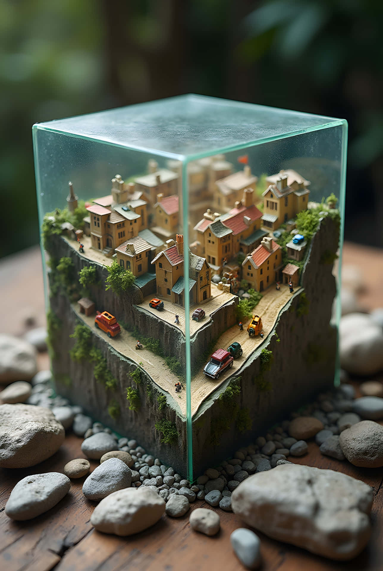 Miniature Urban Terrarium 壁紙 — 一個擁有陶土屋頂和蜿蜒道路的微型山村，被封閉在一個由河石環繞的透明玻璃立方體中。