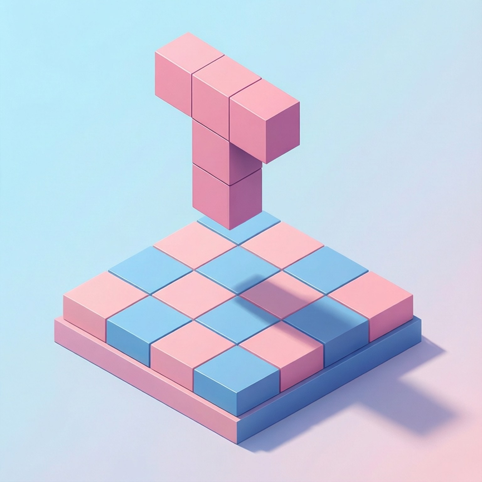 Tetris Effect 桌布 壁紙 — 一個極簡風格的3D渲染數字一，由粉紅色立方體組成，立於粉藍色格子底座上，背景為柔和漸變色。