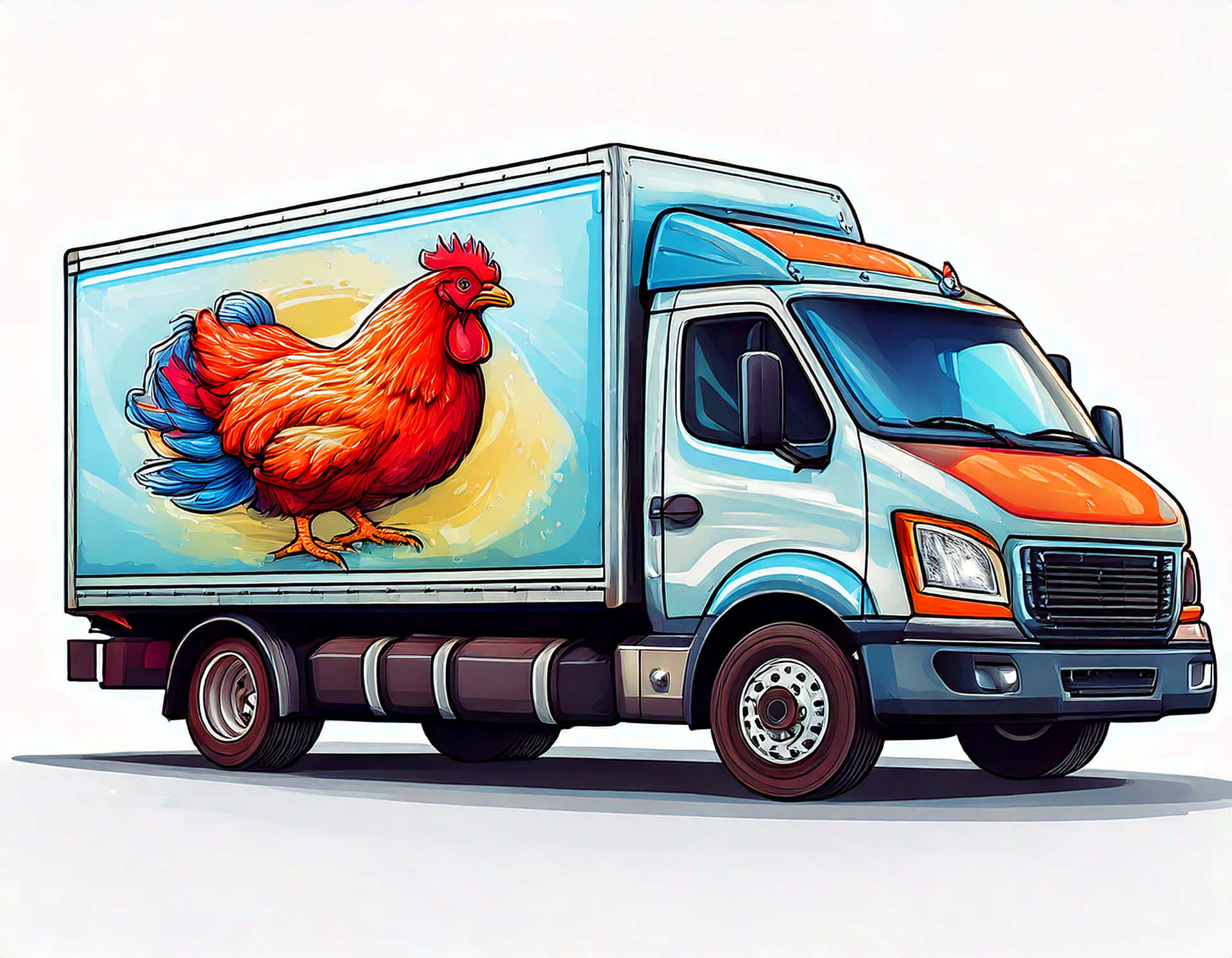 Minimal delivery truck with a chicken icon 壁紙 — 一輛卡通送貨車，側面有一個大型鮮豔的公雞圖案，背景簡單。