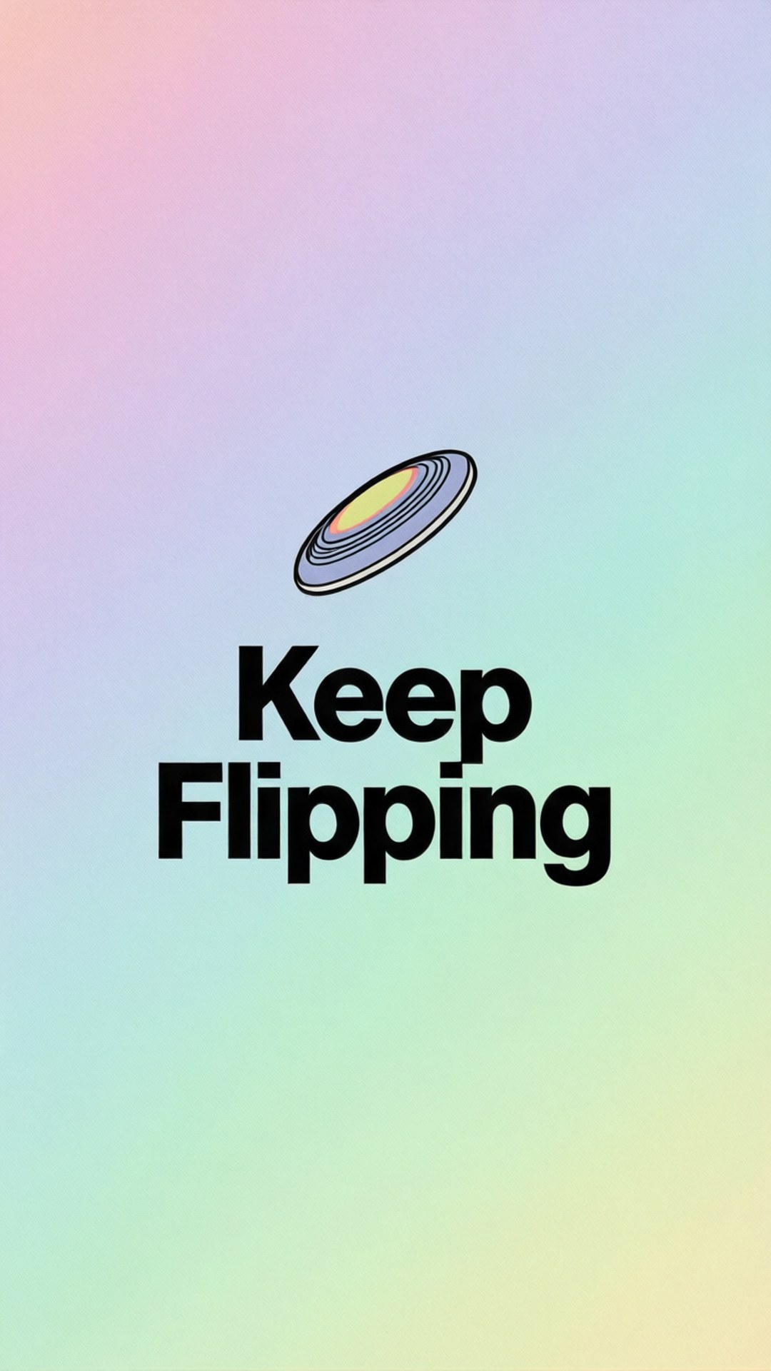 Pixel 3 Frisbee 桌布 壁紙 — 一個極簡圖形，帶有彩色漸變背景，在風格化的飛盤圖標上方有粗體文字 'Keep Flipping'。