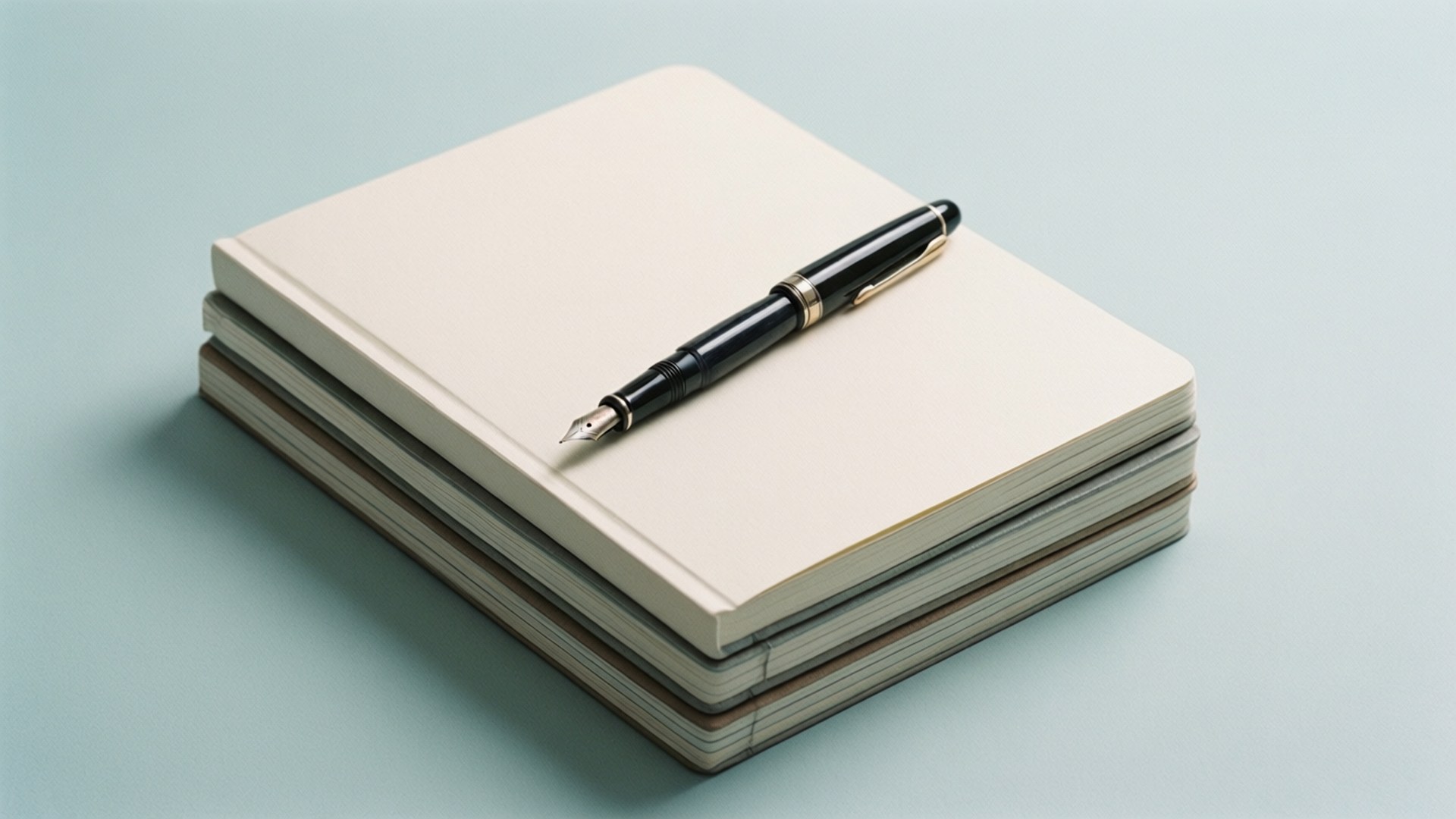 Minimal Notebook Stack 壁紙 — 一支時尚的黑色鋼筆放在一堆奶油色筆記本上，背景是柔和的青綠色。