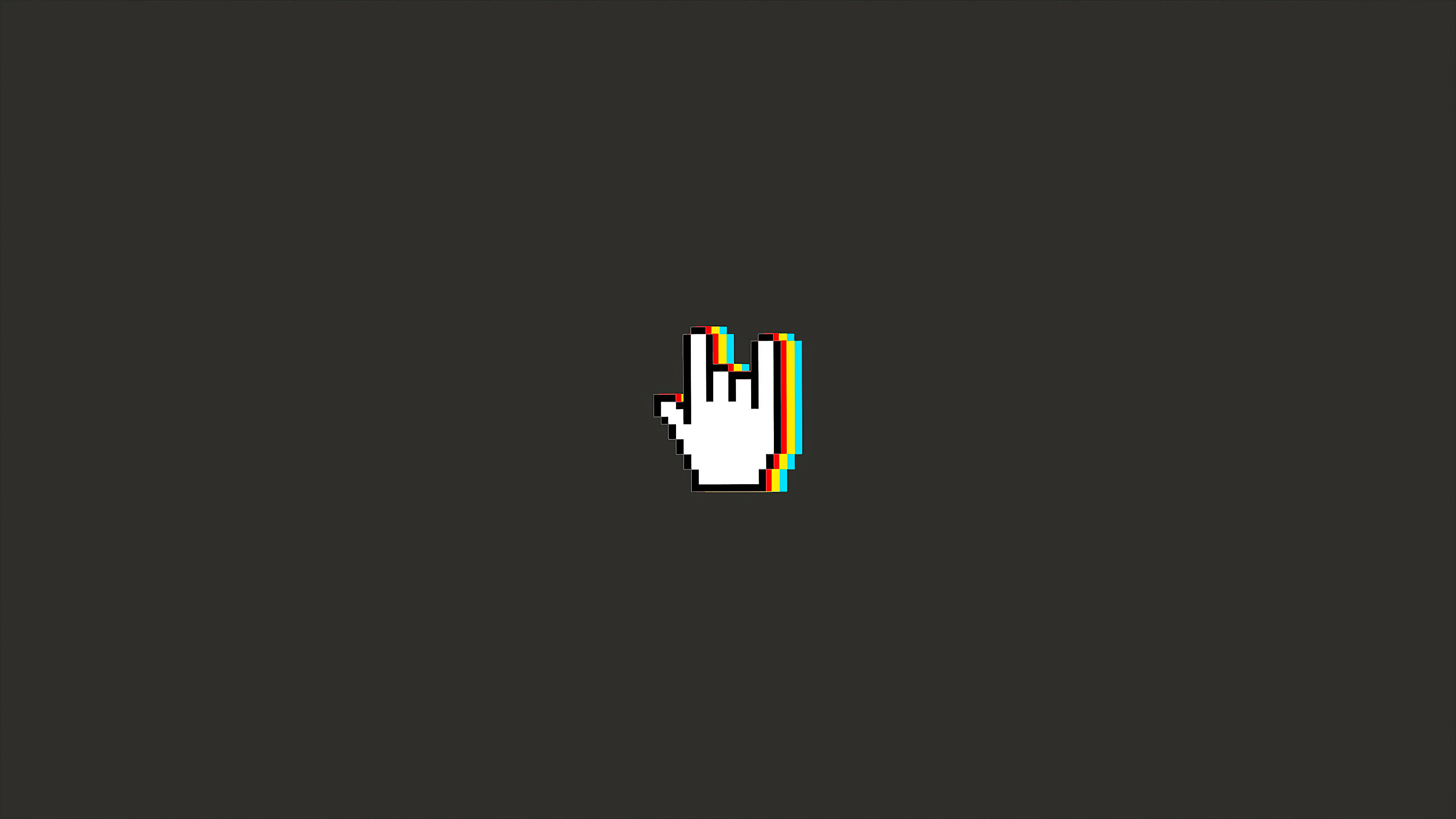 Minimal Pixel - 愛的比手畫心 壁紙 — 一個像素化的白色手形游標，帶有彩虹色差效果，居中於深灰色背景上。
