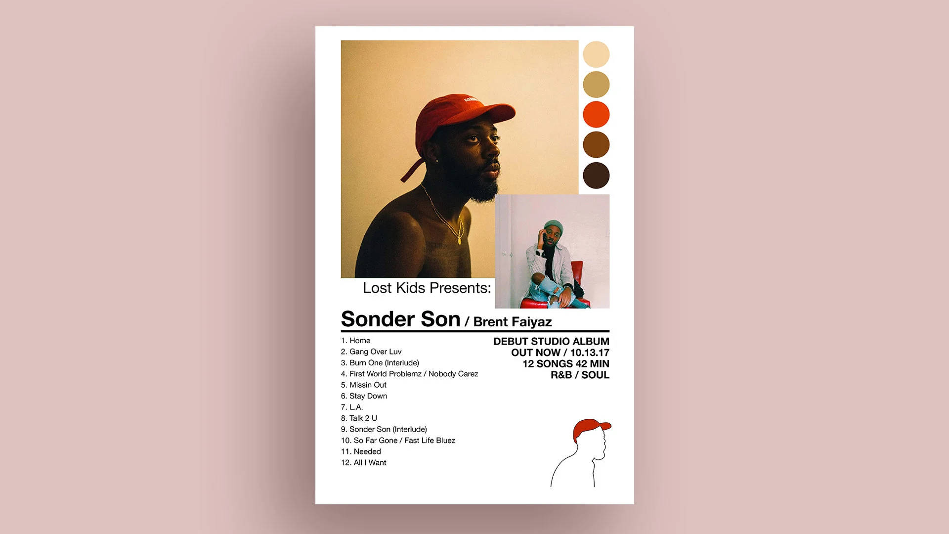 Brent Faiyaz《Sonder Son》的專輯海報，附有曲目列表和色樣。