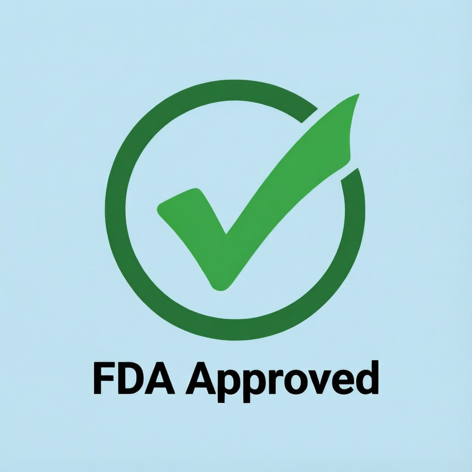 FDA 認證標誌，藍色背景圓圈內有綠色剔號