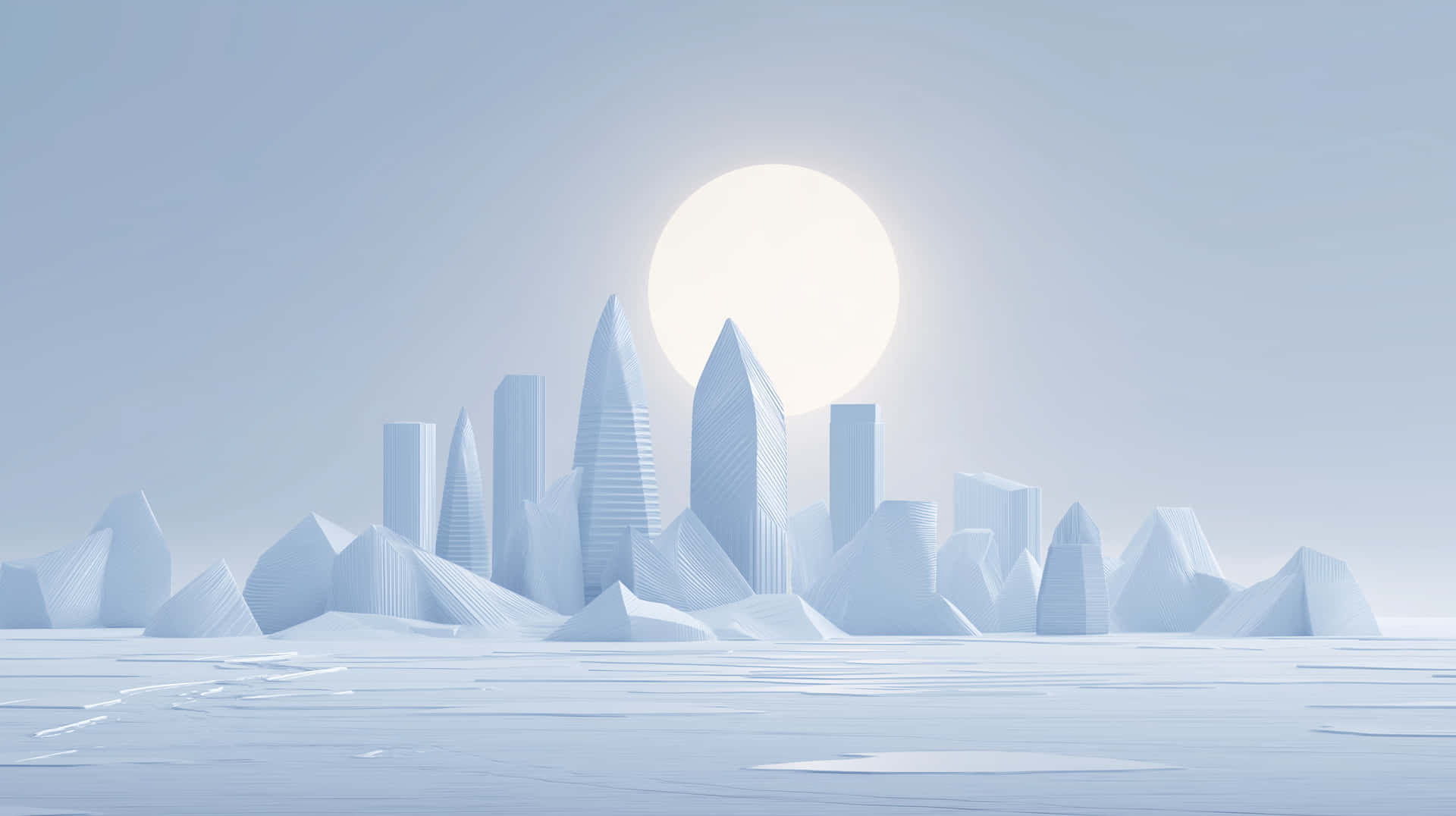 雪中幾何建築與發光月亮的未來城市