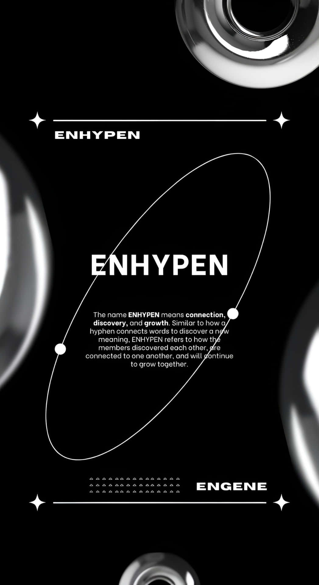  壁紙 — 極簡黑色背景，白色文字和環繞的金屬球體，展示ENHYPEN品牌。