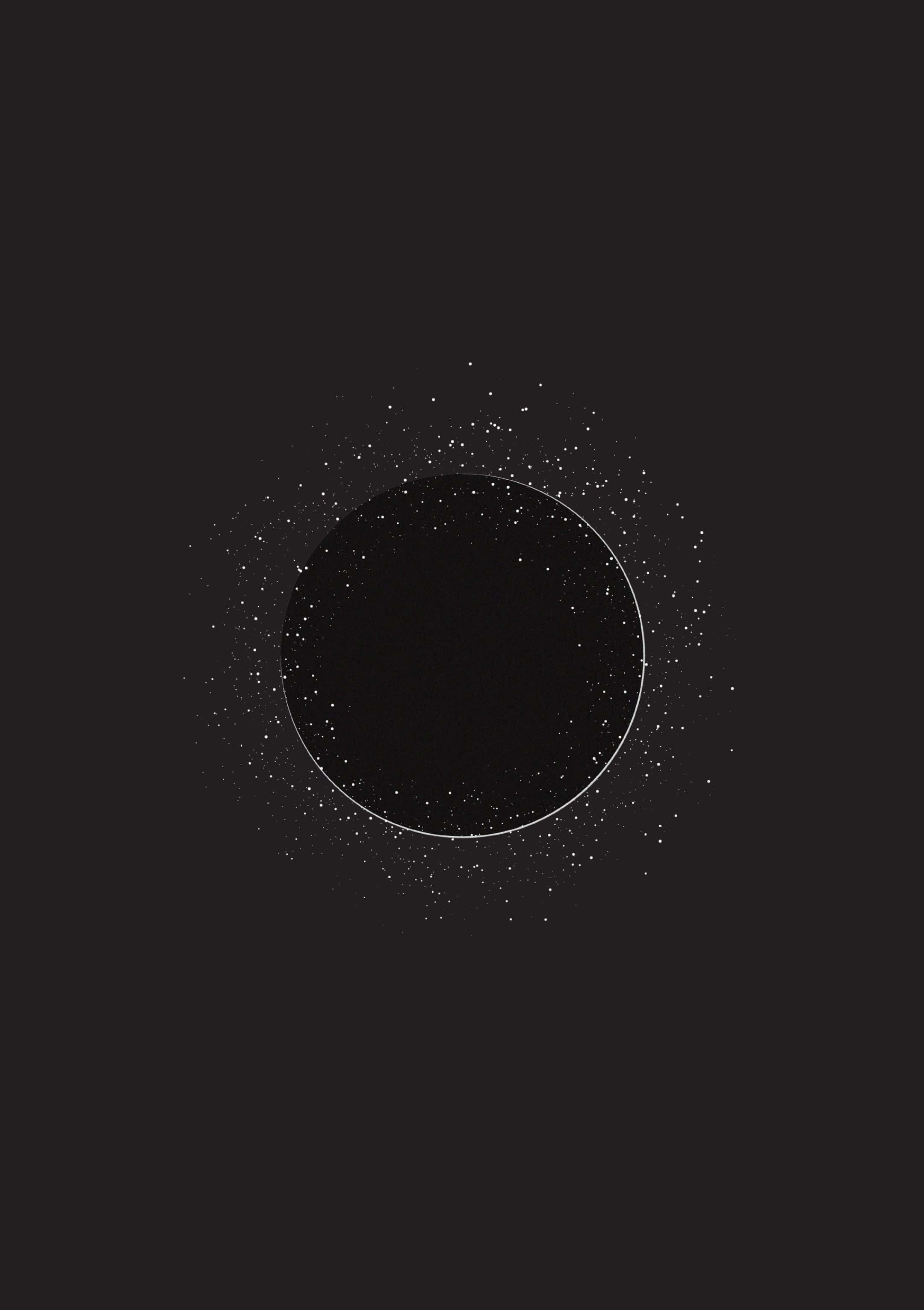 Minimalist Geometric 桌布 壁紙 — 一個極簡的黑色圓圈，帶有細白色輪廓，周圍散落著白色點點，背景為深灰色。