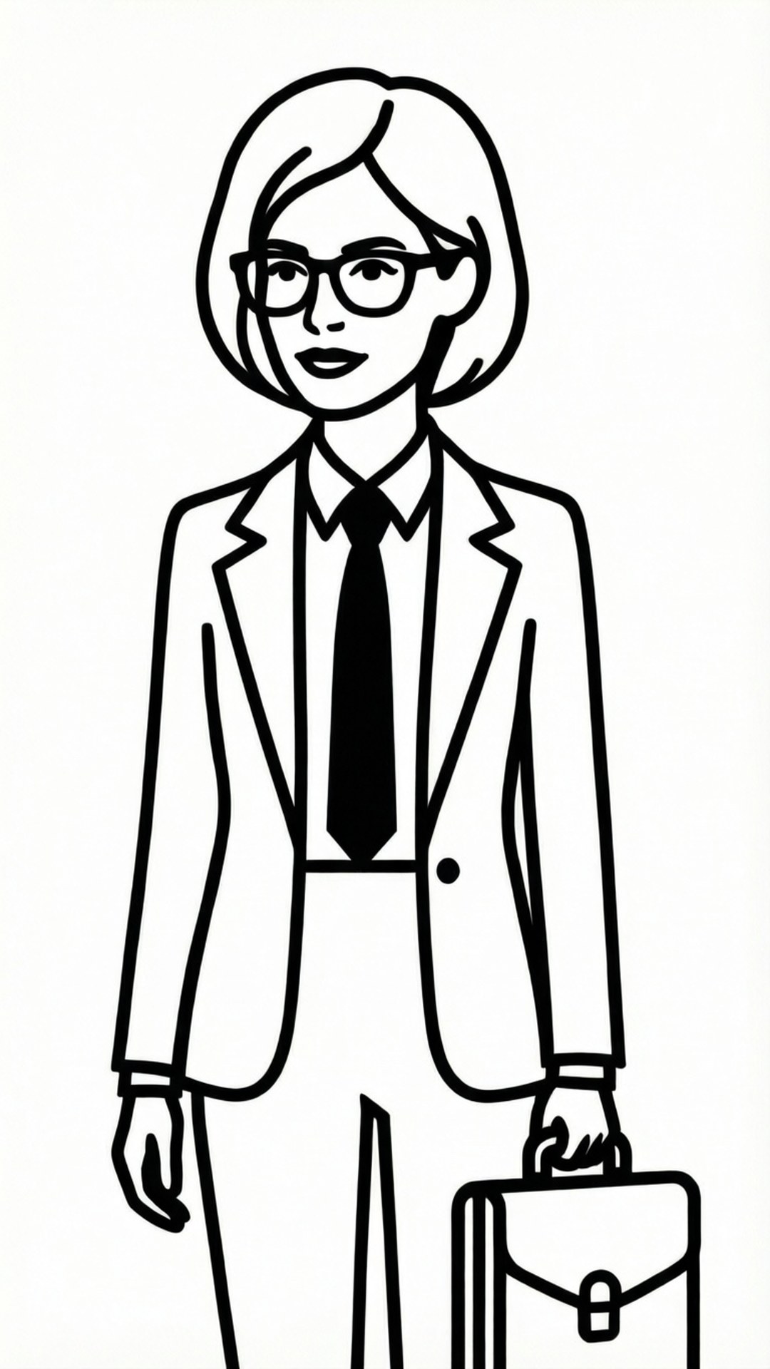 Line Art Boss Lady 壁紙 — 一位穿著西裝、手持公事包的職業女性的極簡黑白線條畫。