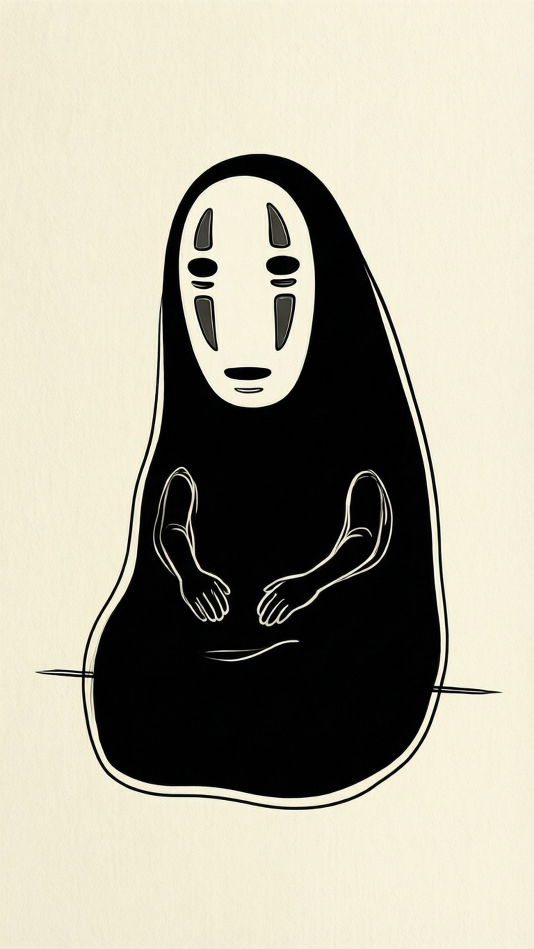 No Face Serenity 壁紙 — 一幅極簡黑白插圖，描繪《千與千尋》中的無臉男角色站在奶油色背景前。